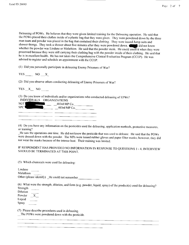   Lead Sheet #20095, Interview with 403rd Military Police Camp veteran, November 24, 1998.