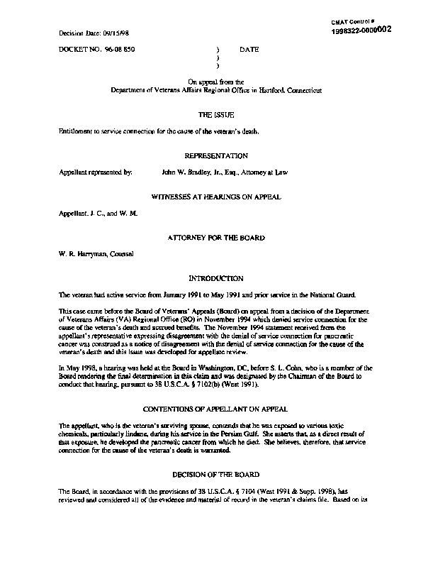 Department of Veterans Affairs, Board of Veterans� Appeals, Docket No. 96-08 850, �Entitlement to Service Connection for the Cause of the Veteran�s Death,� September 15, 1998, p. 2, 7.