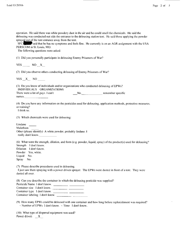   Lead Sheet #20506, Interview with 301st Military Police Camp veteran, December 9, 1998.