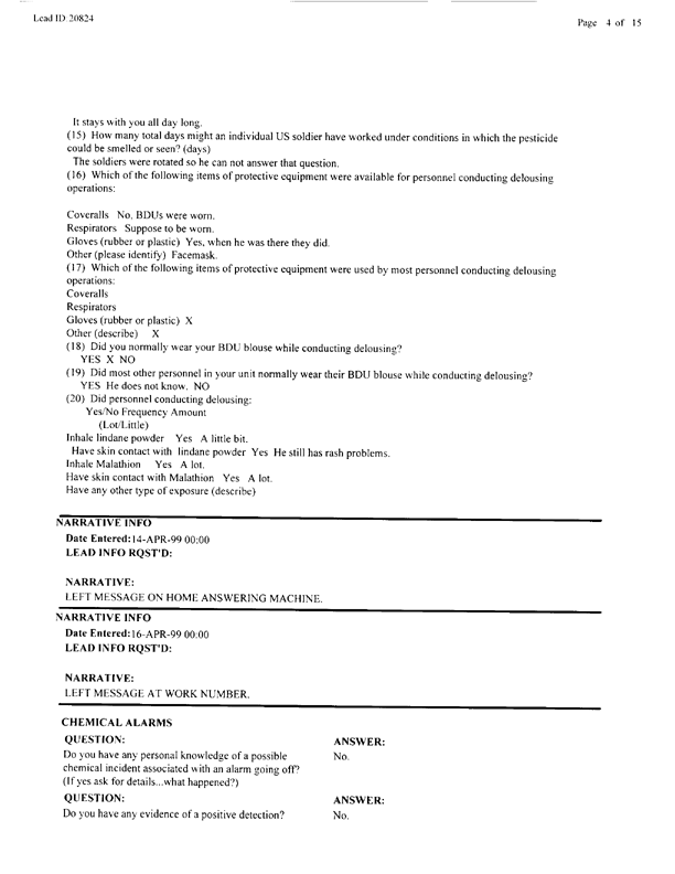   Lead Sheet #20824, Interview with 401st Military Police Camp veteran, April 5, 1999.