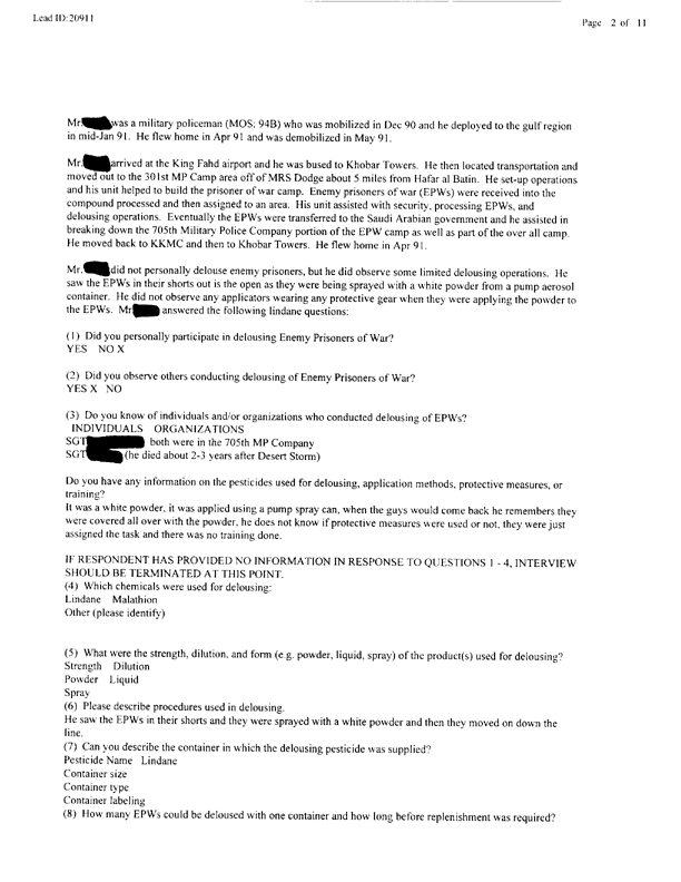 Lead Sheet #20911, Interview with 301st Military Police Camp veteran, January 6, 1998, p. 3.