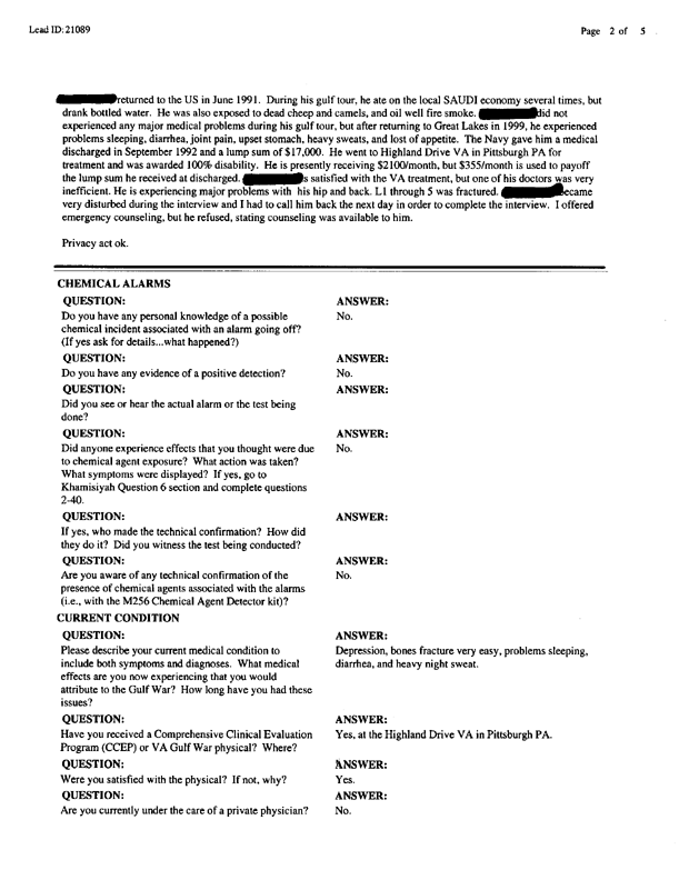   Lead Sheet #21089, Interview with 2nd Marine Division preventive medicine specialist, January 14, 1999.