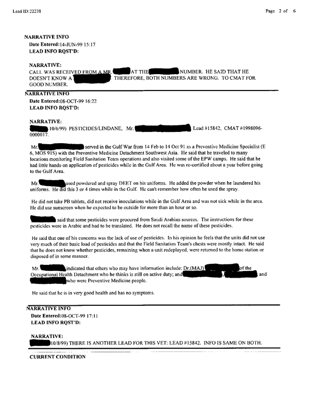 Lead Sheet #22238, Interview with preventive medicine specialist, March 1, 1998.