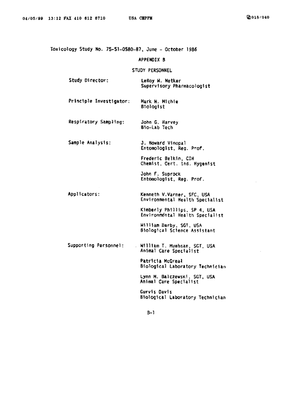 U.S. Army Environmental Hygiene Agency, �Determination of Exposure Levels in a Simulated Delousing Procedure,�  Study # 75-51-0580-86, February 1987.