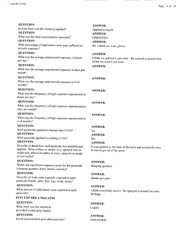   Lead Sheet #22700, Interview with 61st Medical Detachment preventive medicine specialist, April 22, 1998.
