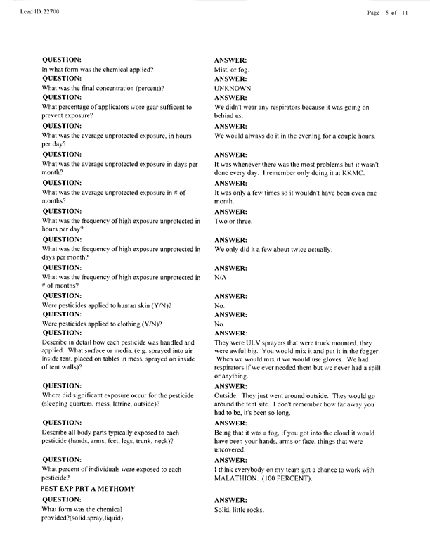   Lead Sheet #22700, Interview with 61st Medical Detachment preventive medicine specialist, April 22, 1998.