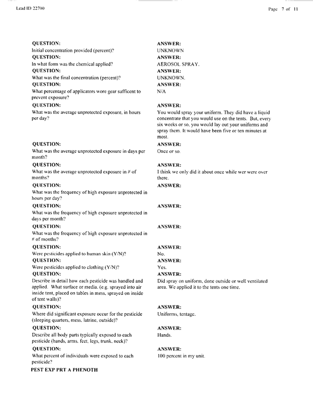   Lead Sheet #22700, Interview with 61st Medical Detachment preventive medicine specialist, April 22, 1998.