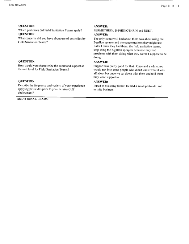   Lead Sheet #22700, Interview with 61st Medical Detachment preventive medicine specialist, April 22, 1998.