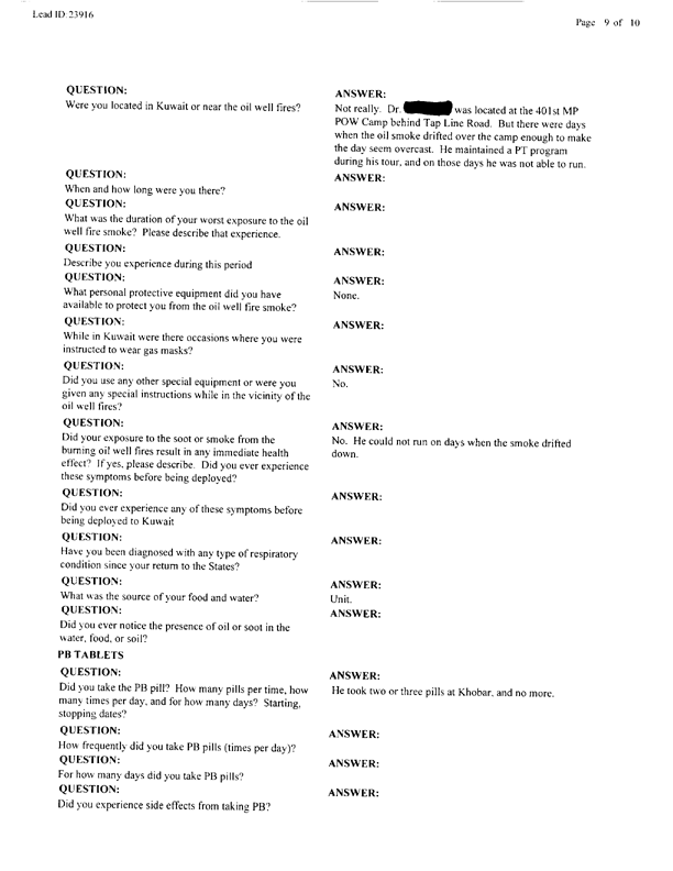   Lead Sheet #23916, Interview with 401st MP Camp medical officer, July 2, 1999.