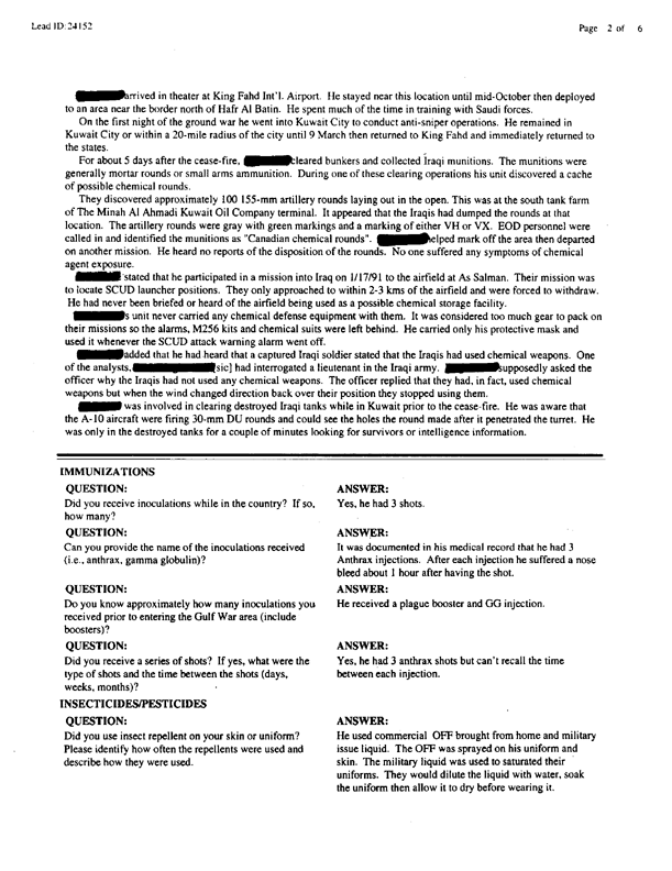   Lead Sheet #24152, Interview with 1st Battalion, 5th SFG(A) special forces engineer, July 13, 1999.