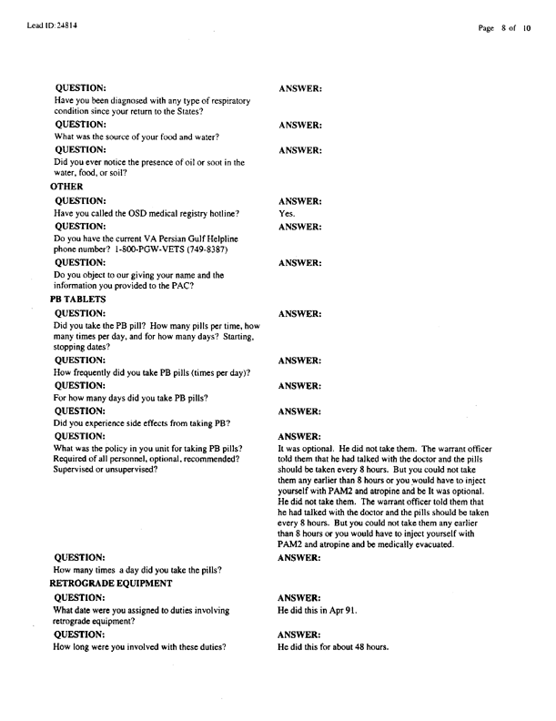  Lead Sheet #24814, Interview with 4th Tank Battalion assault specialist, September 9, 1999.