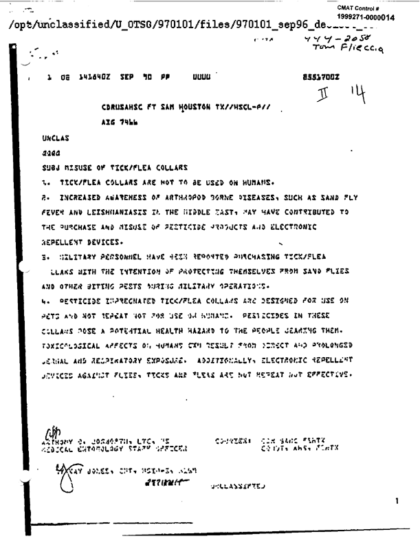 US Army Health Services Command message, Subject: �Misuse of Tick/Flea Collars,� September 14, 1990.