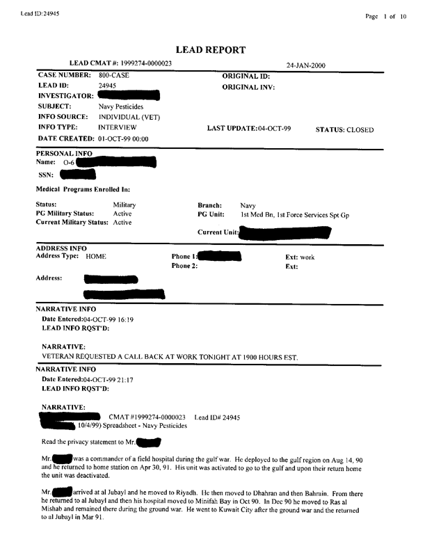   Lead Sheet #24945, Interview with 3rd Marine Air Wing environmental health officer, October 4, 1999.