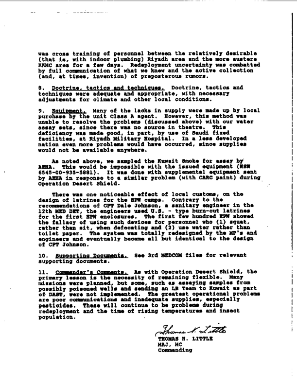   Memorandum from 12th Medical Detachment (PMS) for Commander, 3rd MEDCOM, Subject: �Command Report, Operation Desert Storm,� April 13, 1991.
