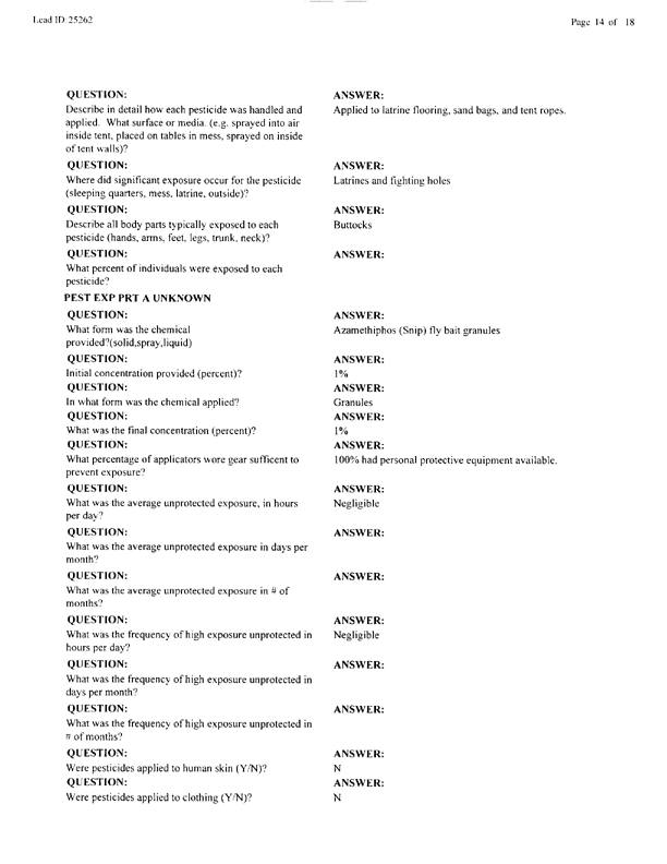   Lead Sheet #25262, Interview with 1st Medical Battalion entomologist, November 4, 1999.