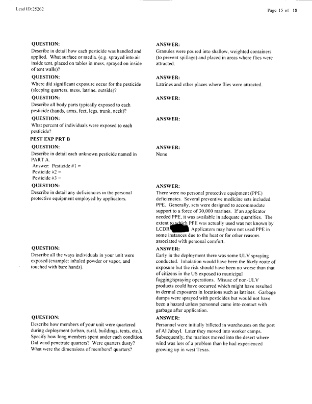   Lead Sheet #25262, Interview with 1st Medical Battalion entomologist, November 4, 1999.